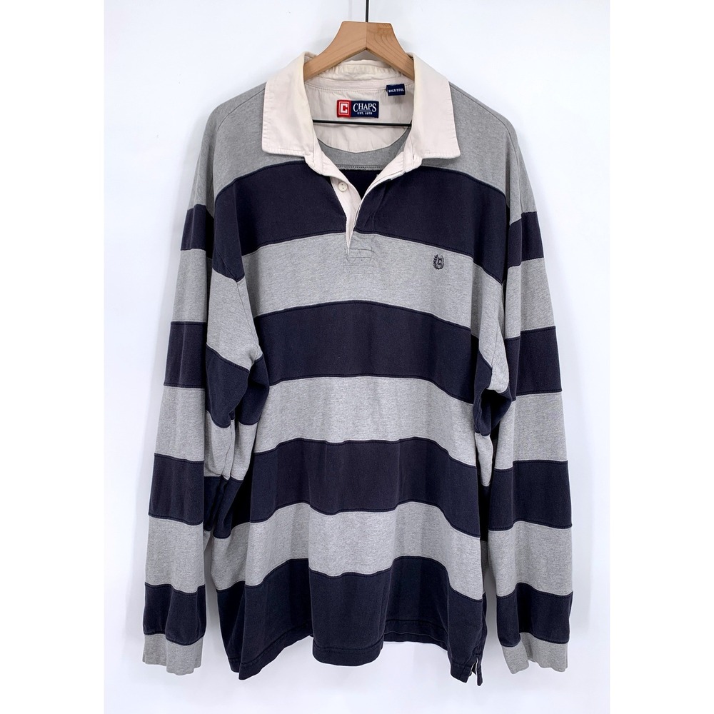 Chaps Rugby Shirt Mens 3XLT Gray Navy Blue Striped Long Sleeve Cotton Y2K